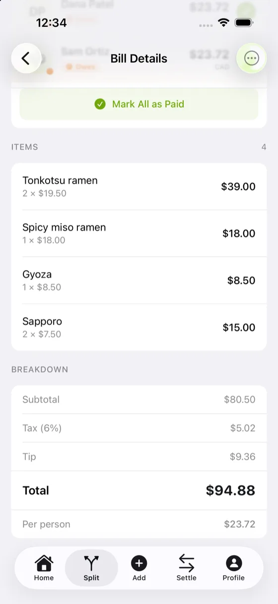 A bill in Chiipin broken into four items, with subtotal, tax, tip, total and a per-person figure.