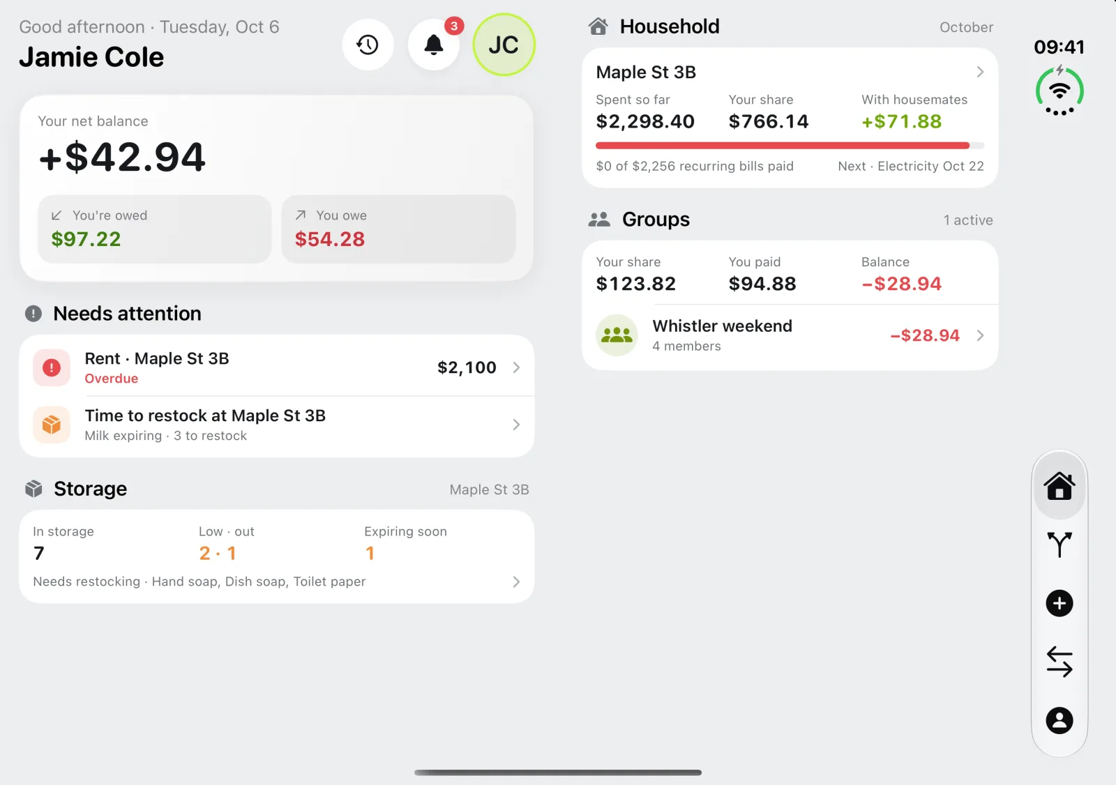 Chiipin on iPhone Duo opened flat: your balance, what needs attention and storage on the left of the fold, and the household's month and your groups on the right.