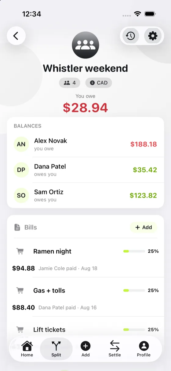 A trip group in Chiipin listing each member's balance and the bills behind it.