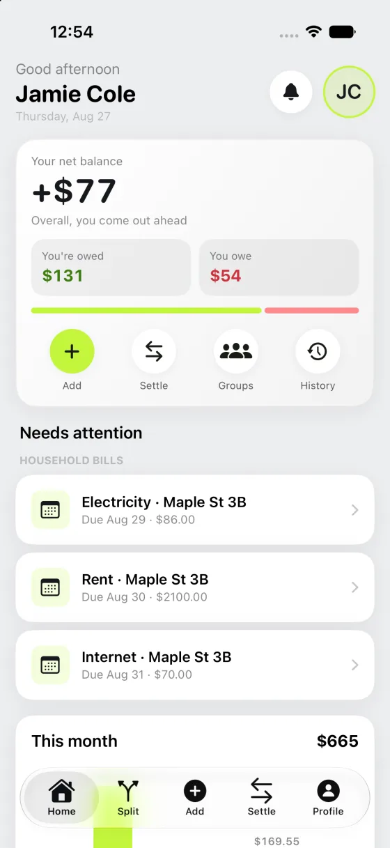 Chiipin's home screen: a net balance of +$77, $131 owed to you and $54 owed by you, above rent, electricity and internet listed by due date.