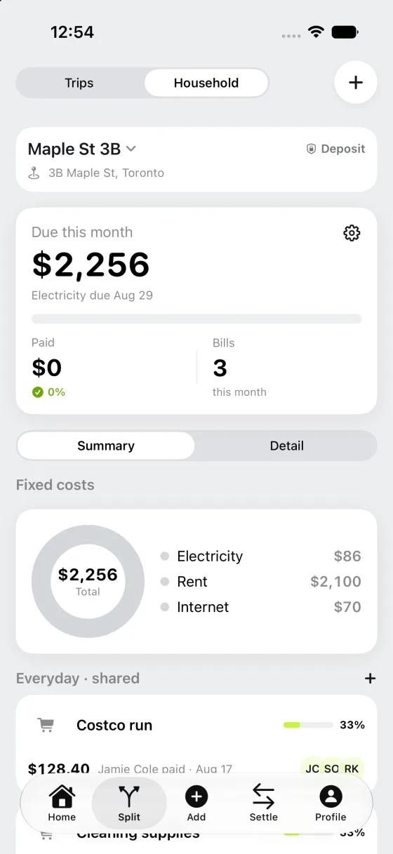 A household in Chiipin showing $2,256 due this month, split between rent, electricity and internet, with shared everyday costs below.